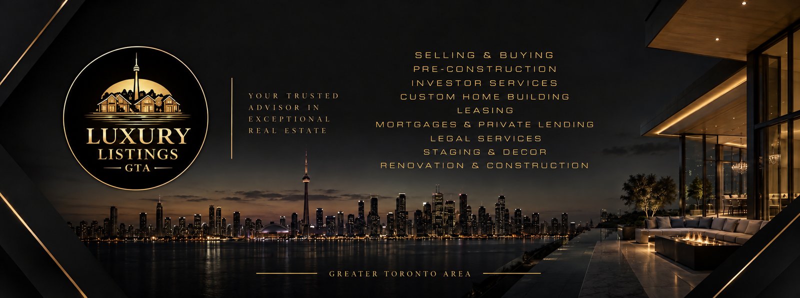 GTA Luxury Listings. Your trusted advisor in exceptional real estate: Selling & Buying, Pre-Construction, Investor Services, Custom Home Building, Leasing, Mortgages & Private Lending, Legal Services, Staging & Decor, Renovation & Construction. Greater Toronto Area.
