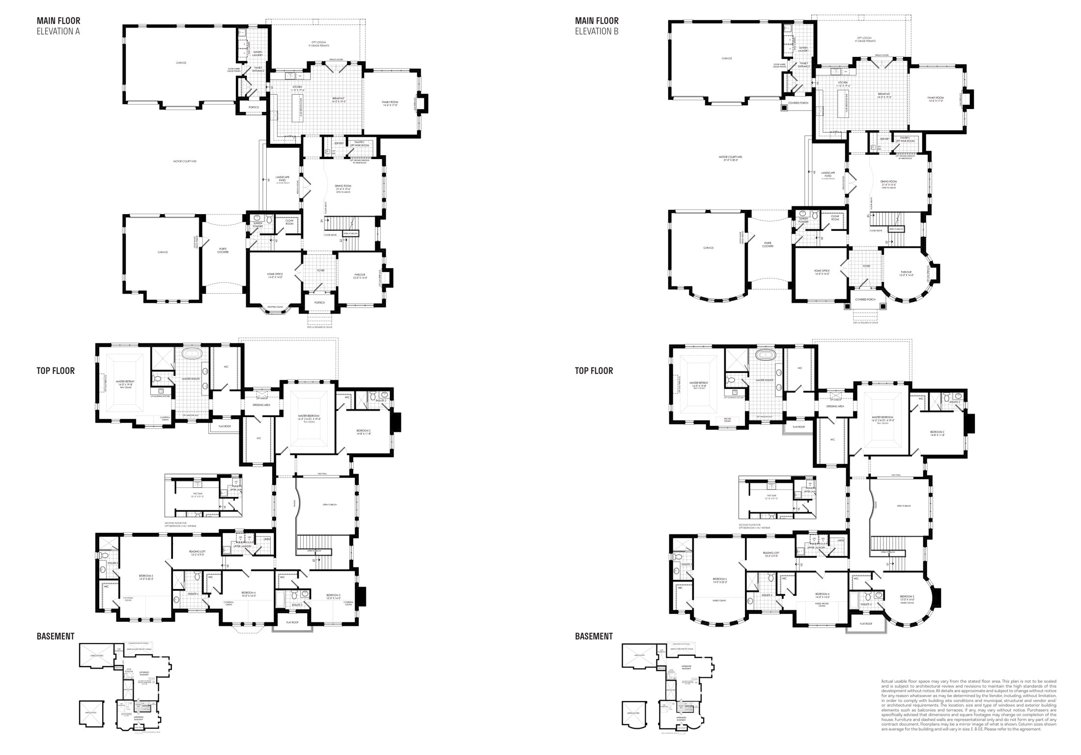 Floor plan — The Grand Haven 1 — main floor, upper floor and basement, elevations A & B