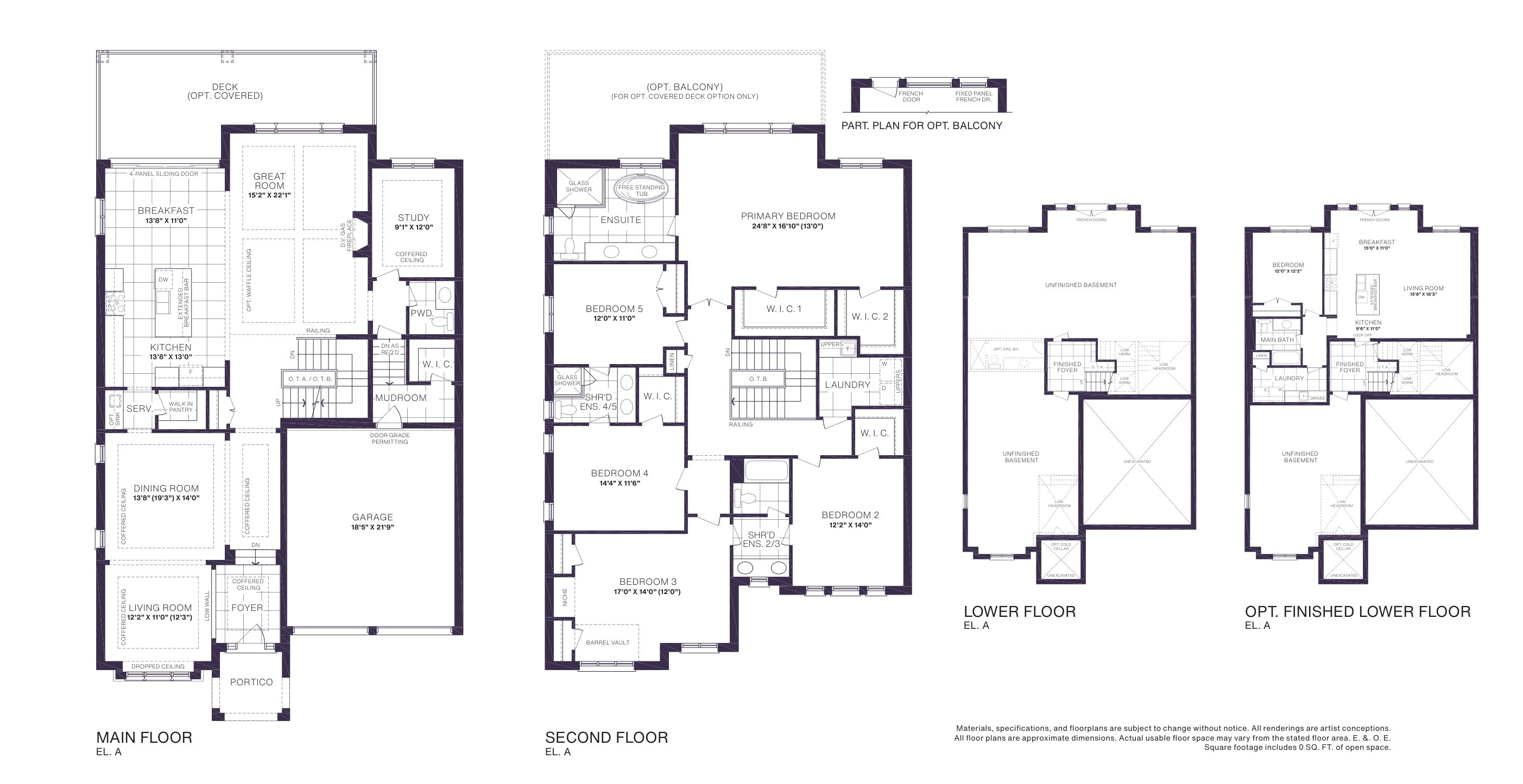 Floor plan — 3,913 sq ft design — 5 bedrooms, 3+1 baths; main, second and lower floors