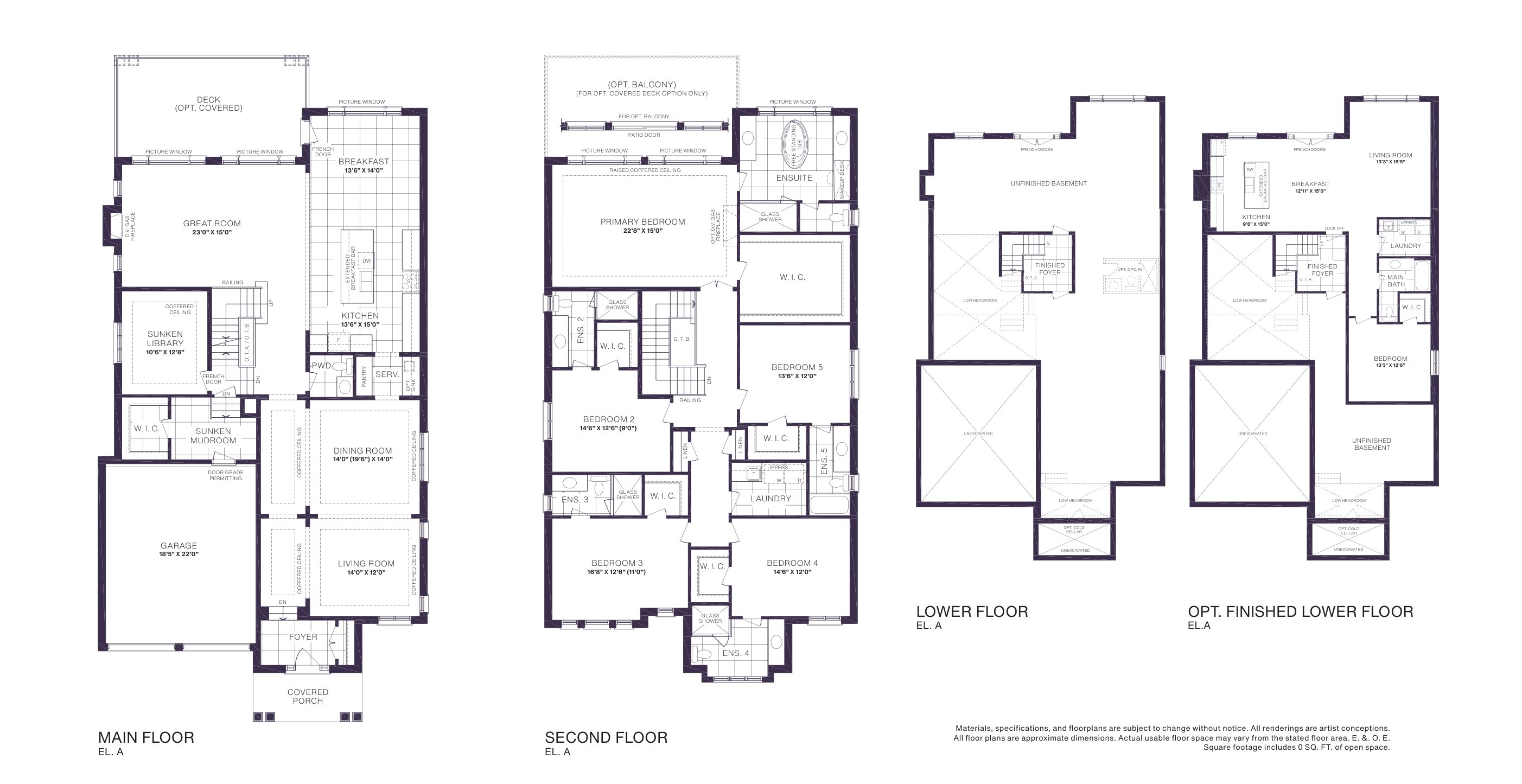 Floor plan — 4,379 sq ft design — 5 bedrooms, 5+1 baths; main, second and lower floors