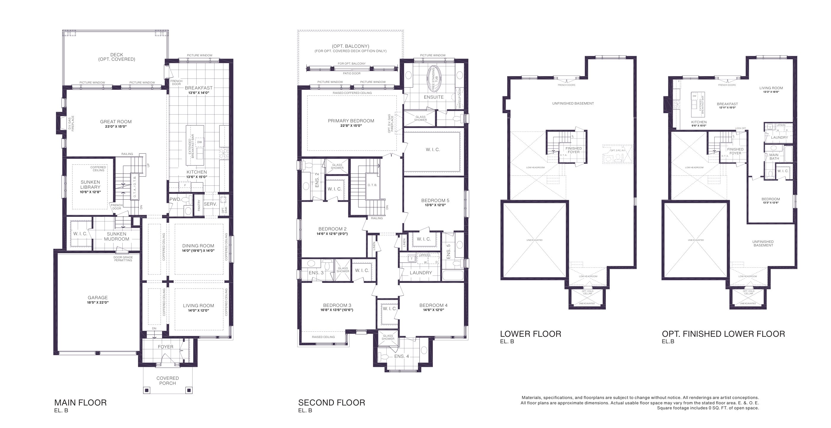 Floor plan — 4,381 sq ft design — 5 bedrooms, 5+1 baths; main, second and lower floors
