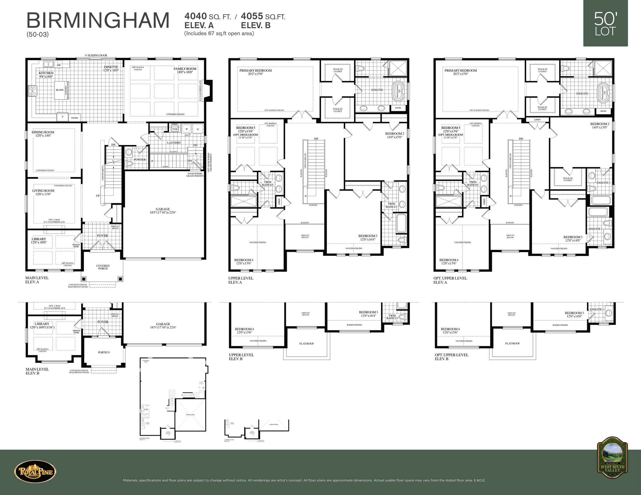 Floor plan — 50' lot design — 4,040 / 4,055 sq ft, main and upper levels