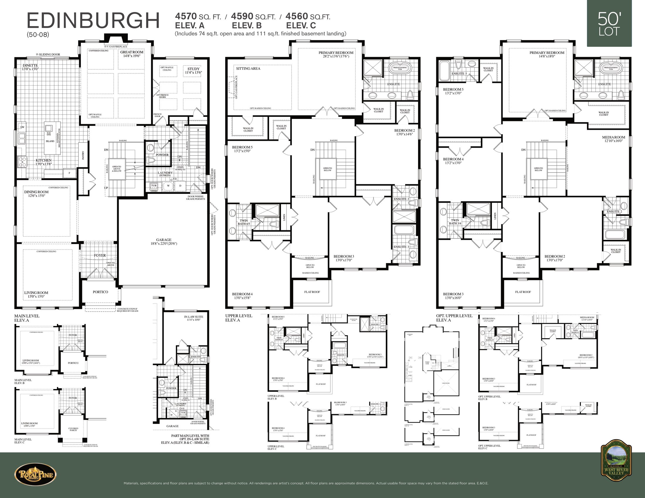 Floor plan — 50' lot design — 4,570 sq ft, main and upper levels