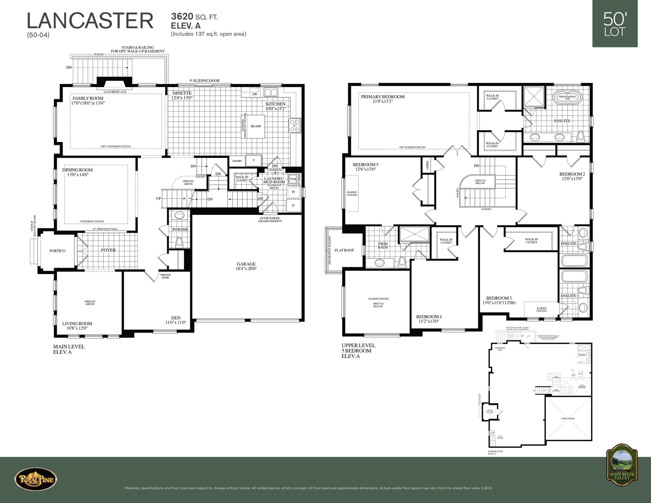 Floor plan — 50' lot design — 3,620 sq ft, main and upper levels